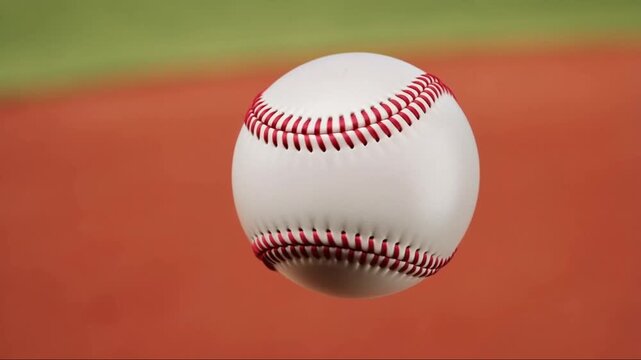 Close up of a spinning softball video over a baseball field