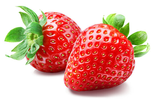 Pair of juicy ripe strawberries isolated on transparent background.