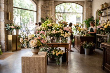 Fototapeta premium Inside a luxury flower boutique, customers browse a variety of floral arrangements placed carefully around a natural stone space. The atmosphere is inviting and full of color