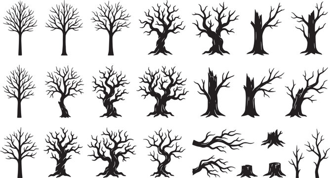 Set of bare tree silhouettes with leafless branches and trunks for seasonal nature design vector illustration