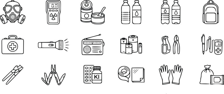 Emergency survival kit and disaster preparedness line art icons