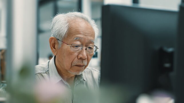 Asian senior citizen using computer for AI cognitive training, minimal corporate education style