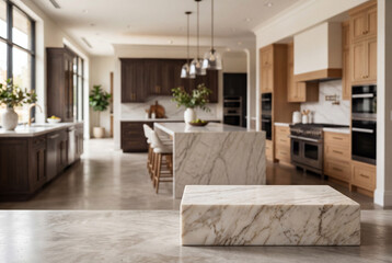 Fototapeta premium The showroom showcases various kitchen designs with cabinets and an island in soft focus. Natural light highlights the layout and materials used in the space