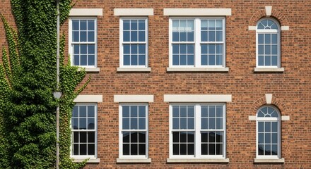 Obraz premium Red Brick Building Facade with White Sash Windows and Lush Green Ivy Climbing the Wall