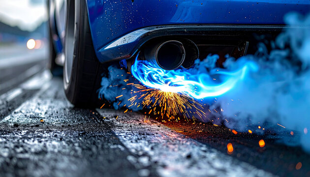 Close-up of a racing car exhaust spitting a blue flame on a dark drag strip track