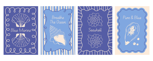 Seashell poster set with scallop, conch, oyster pearl, wavy curly frame, stripe background, hand drawn vector, blue mediterranean line art, retro flat style for for summer beach greeting card. © Coxic25
