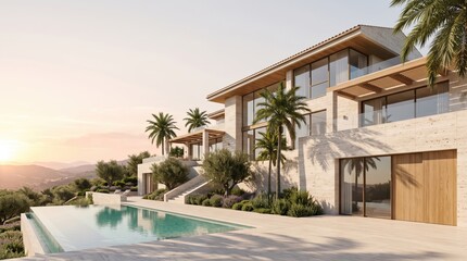 Fototapeta premium Modern hillside villa with infinity pool and palm trees at sunset