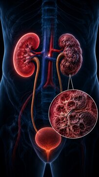3D Medical Illustration Comparing Healthy Kidney with Polycystic Kidney Disease and Urinary System Detail