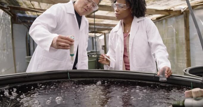 Greenhouse lab inserting probe in aerated tank senior guiding woman sampling with pipet for testing