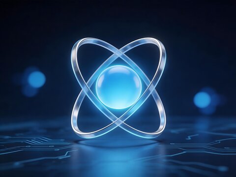 A glowing atomic model with orbiting electrons on a circuit-like surface, illuminated in blue tones against a dark background.