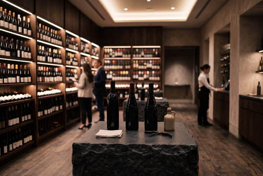 In a luxury wine boutique, customers browse the selection of wine bottles on the shelves. Staff assist at the counter while others enjoy the experience