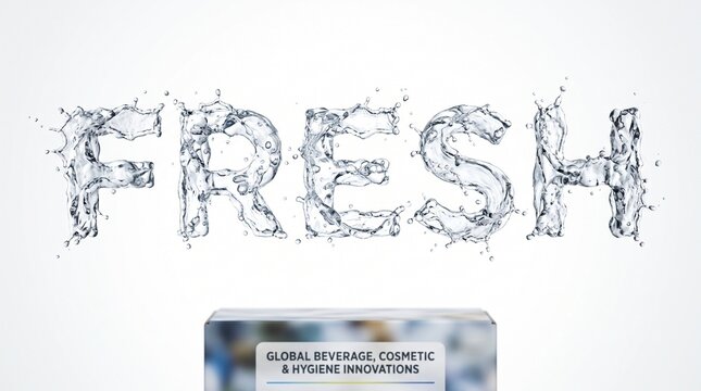 The word FRESH made of splashing clear water over a blurred product box on a white background.