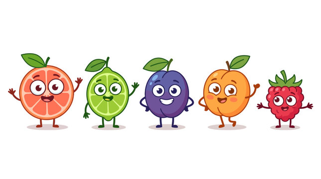 Set of cute cartoon fruit characters featuring grapefruit, lime, plum, peach, and raspberry
