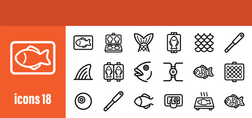 Taiyaki line icons set. Collection of simple outline symbols of Japanese fish-shaped cake, waffle maker, fish, scale. Vector illustration. © liubomir118809