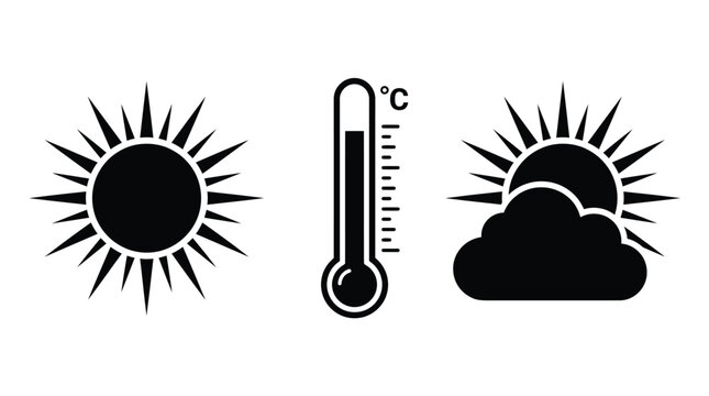 Black weather icons featuring a shining sun a celsius thermometer and a partly cloudy sky
