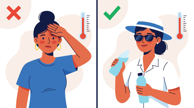 Comparison of a woman suffering from extreme heat versus a woman staying cool and hydrated