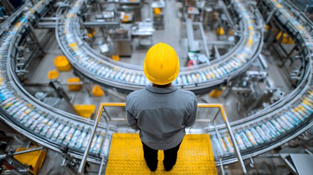 Engineer in yellow helmet standing on center of photo with background of heavy machinery in factory