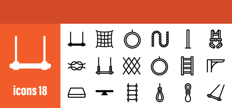 Set of 18 vector line icons for gymnastics, sports, and athletic equipment.