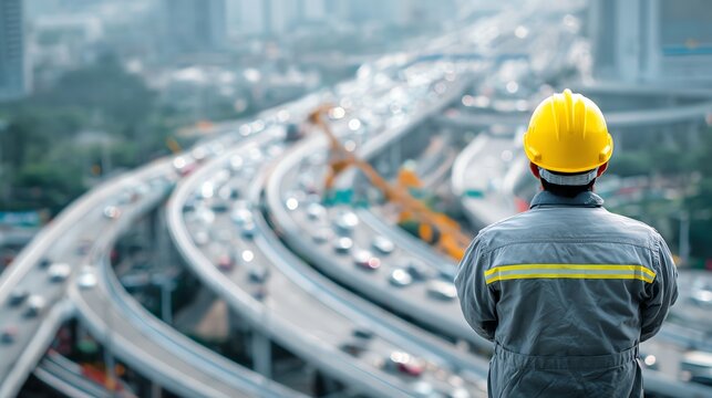 Engineer in yellow helmet standing on center of photo with background of heavy machinery in factory