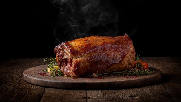 Steamed roasted pork shoulder in dark hues with empty space.