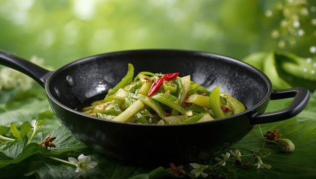Stir-fried bitter melon in a black pan, a traditional dish from Java, Indonesia.