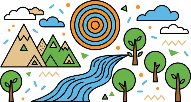Retro Nature Landscape Scene with Mountain, River, Sun, Cloud, and Tree in Colorful Flat Vector Illustration Design