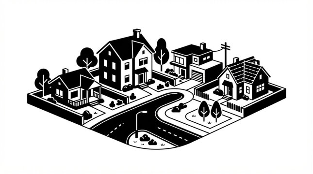 Suburban Neighborhood Street Scene With Houses And Trees.