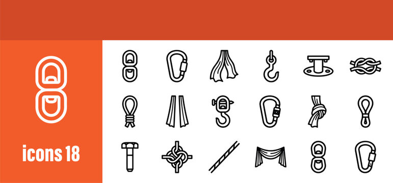 Aerial Sports, Climbing and Rigging Safety Equipment Outline Icons Set.