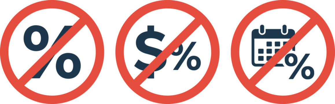 No Discount and Fixed Price Restriction Sign Icon Set with Prohibited Percent, Dollar, and Calendar Symbols for Retail Store Policy Warning Labels and E-Commerce Media DesignsNo Discount and Fixed Pri