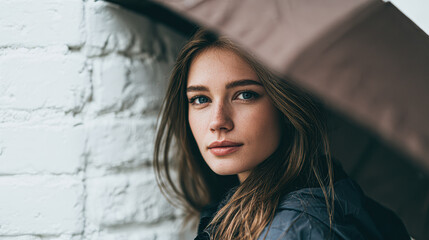 Fototapeta premium Young woman with long hair gazes thoughtfully, standing near a white brick wall under a beige umbrella in soft natural light.