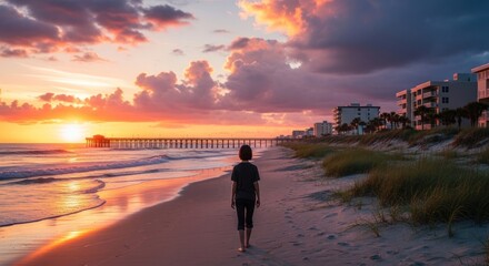 Fototapeta premium Person walking on beach towards pier during vibrant sunset with buildings and grass
