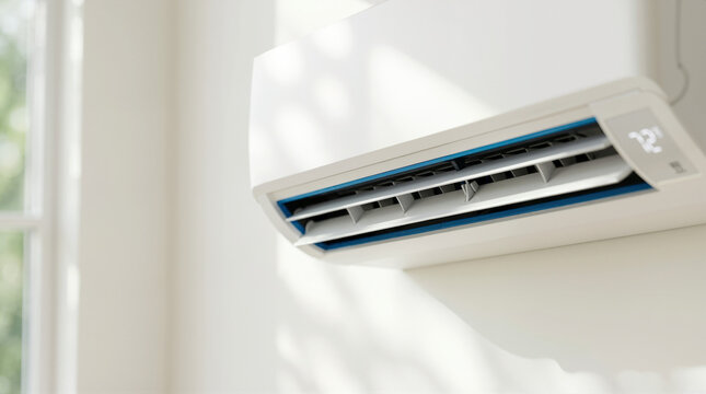 Modern ductless mini split air conditioner mounted on a white wall. Wall unit AC with digital temperature display. Home climate control system