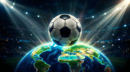 Fototapeta premium Soccer ball on top of Earth globe with stadium lights shining from above celebrating global sport.
