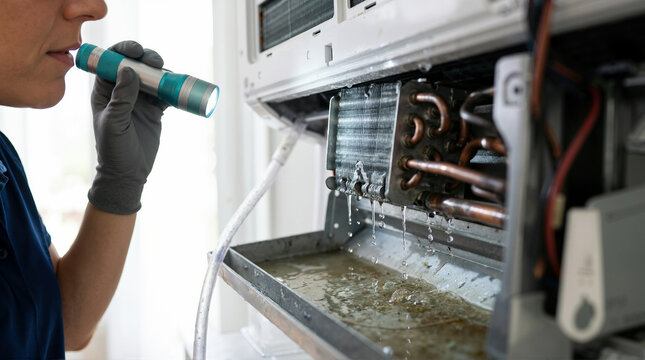 Technician inspecting a leaking air conditioner with a flashlight. Water dripping from AC evaporator coil during repair service