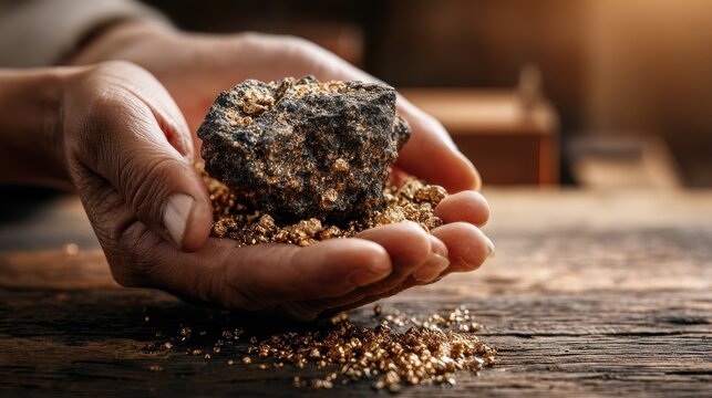 Miner's hands holding a rich gold ore specimen with scattered nuggets. Weathered hands cupping a dark, heavy ore rock studded with visible gold flecks and surrounded by loose placer gold