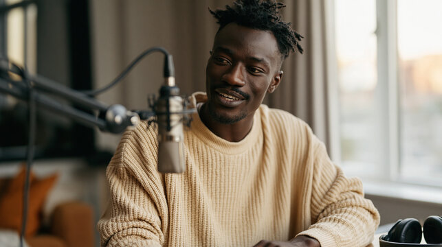 Ghanaian podcast producer finalizing a home studio acoustic treatment by positioning baffles around a recording nook, microphone arm extended precisely, headphones resting on the