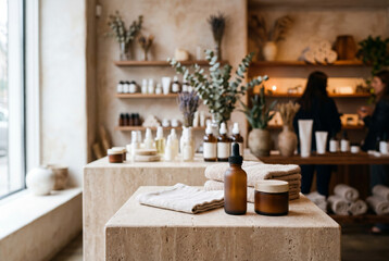 A boutique displays natural skincare products on stone counters. Customers browse the shelves filled with various wellness items. The space has plants and soft lighting creating a warm vibe