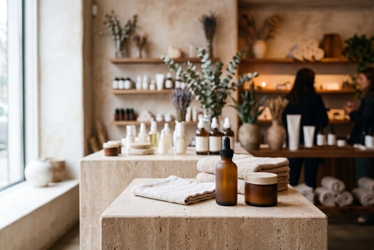 A boutique displays natural skincare products on stone counters. Customers browse the shelves filled with various wellness items. The space has plants and soft lighting creating a warm vibe