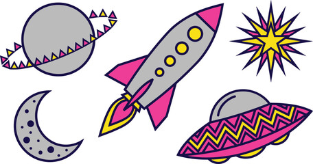 Space Elements Set with Planet, Rocket, Star Burst, Crescent Moon, and UFO in Retro Colorful Pink Yellow Vector Design © Lcpl