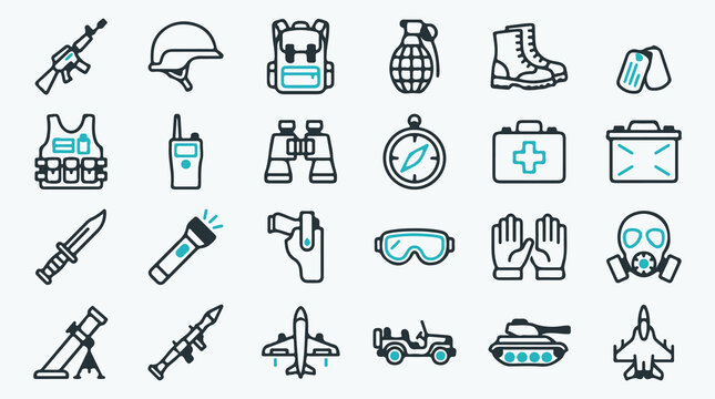 Military, Warfare, and Army Equipment Line Icons Set