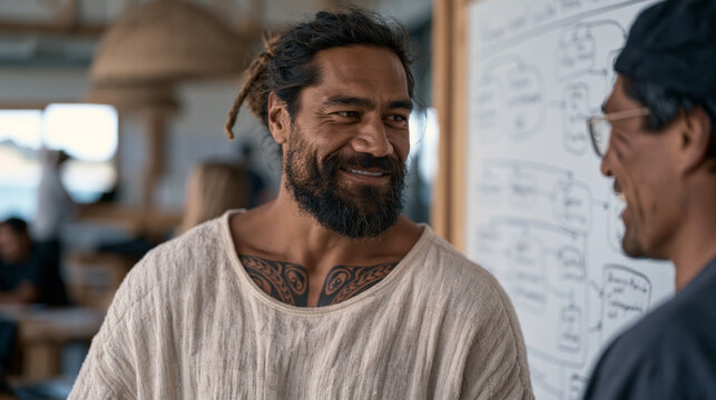 Maori digital nomad at a bustling community hub in a coastal town, collaborating with a Peruvian entrepreneur at a whiteboard covered in flowcharts, both engaged and animated,