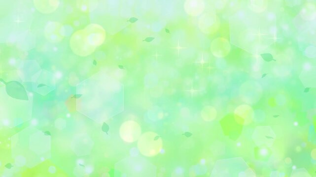 Green leaves are falling.Green fresh natural bokeh light.Abstract soft glowing light.Animation video.    緑　葉っぱ　自然　 CG 動画　光　パーティクル　玉ボケ　キラキラ　抽象的　爽やか　木漏れ日　舞う　散る　田舎