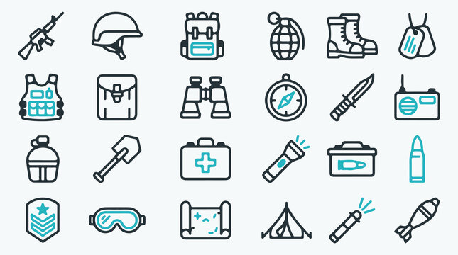 Military and Survival Equipment Icon Set. Two-tone line icons of weapons, tactical gear, camping, and outdoor survival tools.