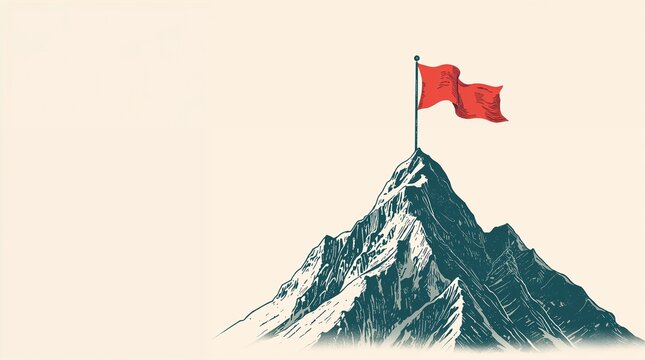 Red Flag on Mountain Peak Achievement Goal Concept on Cream Background