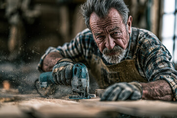 Fototapeta premium An elderly man in gloves carefully using a jigsaw to cut wood, surrounded by sawdust in a workshop with focused lighting.