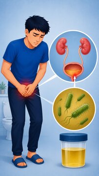 Young Man Suffering from Urinary Tract Infection UTI Symptoms with Bladder Anatomy and Bacterial Microscopic View