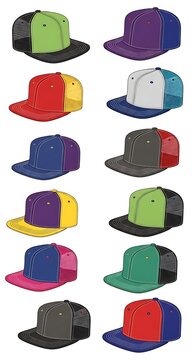 Colorful Mesh Trucker Caps Arranged in Rows on White Background