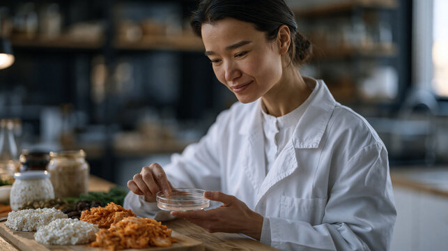 Kazakh microbiologist examining petri dish samples beside a spread of fermented kefir, kimchi, and fiber-rich vegetables on a lab-adjacent prep table, illustrating gut microbiome