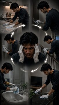 Obsessive Compulsive Disorder OCD Concept Showing a Man Trapped in a Repetitive Cycle of Compulsive House Cleaning
