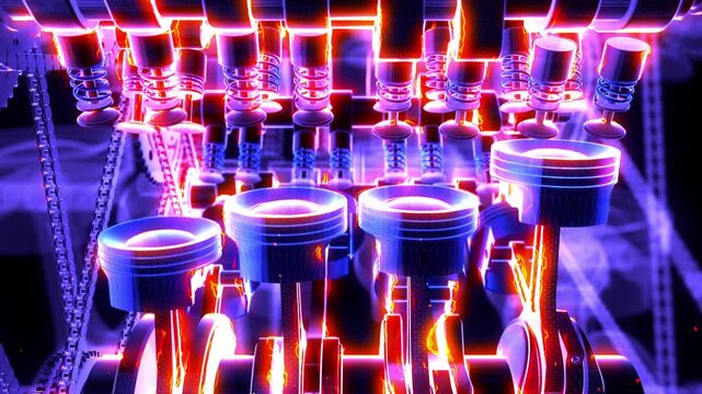 Car ignition button turns yellow initiating V8 engine animation. Valves, pistons and crankshaft in motion.